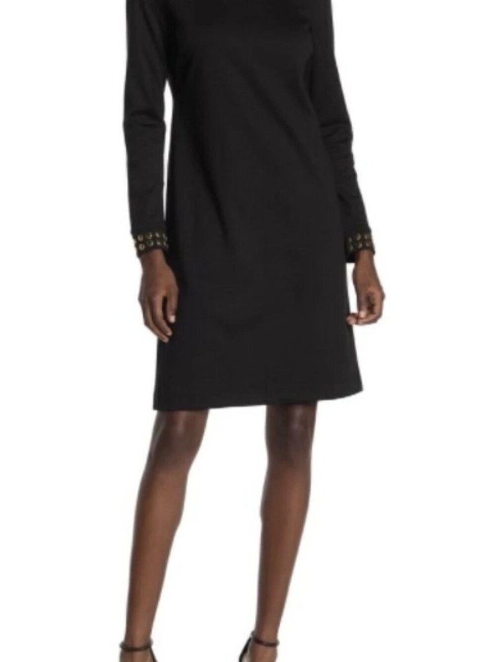 Carmen Marc Valvo Black Gold Ponte Dress Long Sleeve Studded Cuff Sz XL Evening
